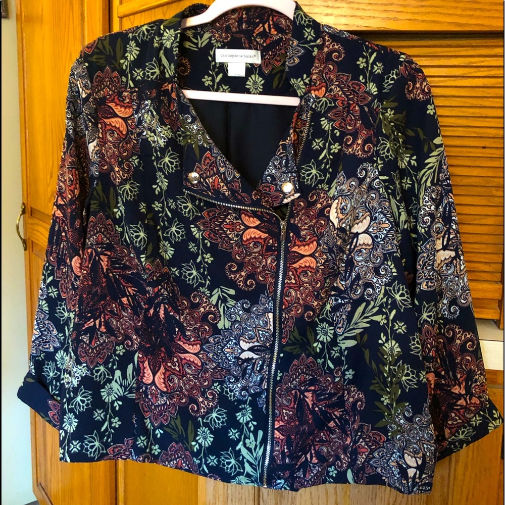 Women’s 3/4 sleeve floral jacket on navy background Large C & Banks